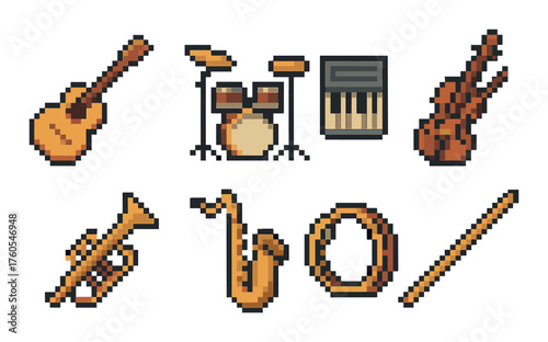 Pixelated musical instruments: guitar, drums, keyboard, violin, trumpet, saxophone, tambourine, flute