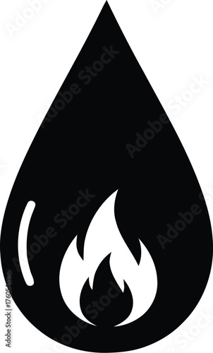 Black icon of a raindrop containing a flame symbol inside, representing contrast, energy, danger, and minimalist vector design.