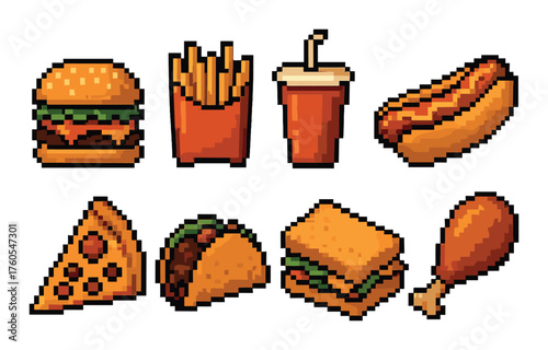 Pixel art fast food collection: burger, fries, soda, hot dog, pizza, taco, sandwich, and drumstick