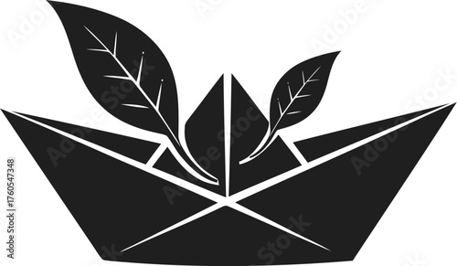 Minimalist black icon of a floating tea leaf folded like a paper boat, symbolizing serenity, creativity, and nature-inspired design.