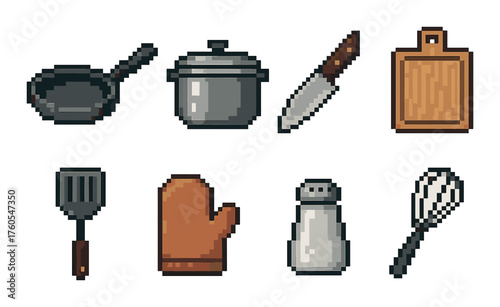 Pixel art kitchen utensils set: pan, pot, knife, cutting board, spatula, oven mitt, salt shaker, whisk