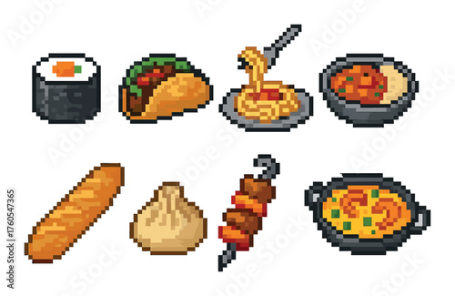 Pixel art compilation of global cuisine featuring sushi, taco, pasta, and more