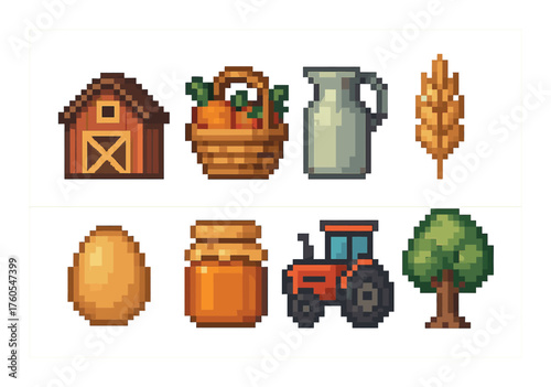 Pixel art farm icons: barn, basket, milk, wheat, egg, honey, tractor, tree