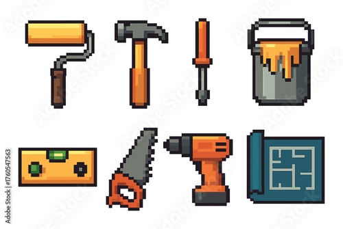 Pixel art construction tools: hammer, screwdriver, saw, paint, drill, blueprint, roller