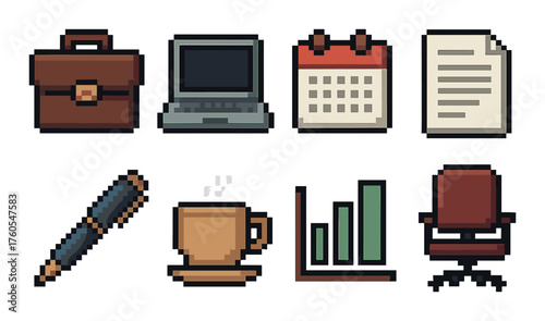 Pixel art office icons: briefcase, laptop, calendar, document, pen, coffee, graph, chair