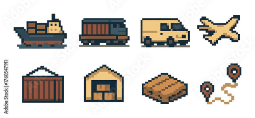 Pixel art transportation and logistics icons: ship, train, van, plane, warehouse