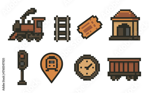 Pixel art train elements: locomotive, tracks, ticket, station, and more