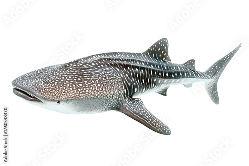 Young whale shark facing left, patterned in tight white dots across grey-blue body, gentle motion and glossy aquatic texture, isolated on transparent background
