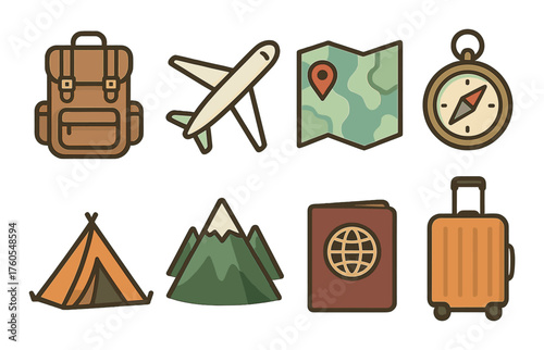 Travel adventure icons: backpack, airplane, map, compass, tent, mountain, passport, suitcase