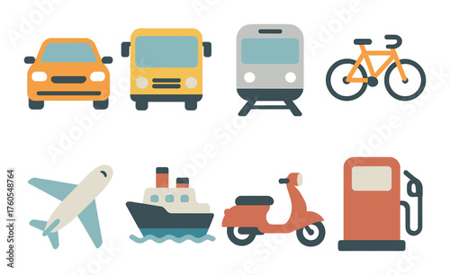 Transportation icons set: car, bus, train, bicycle, airplane, ship, scooter, fuel pump