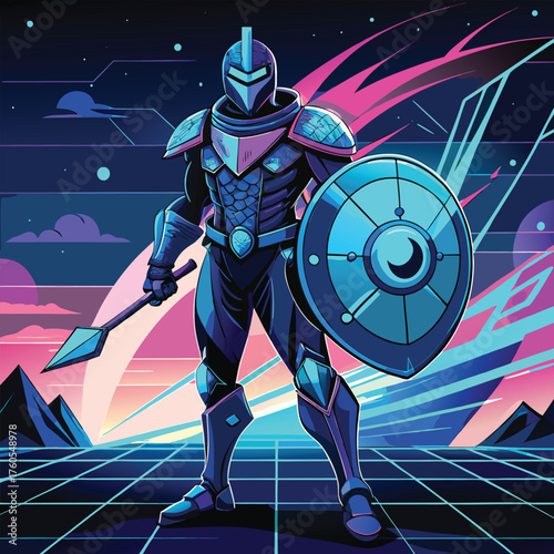 Futuristic Armored Warrior – Sci-Fi Fantasy Character with Spear and Shield in Digital Landscape