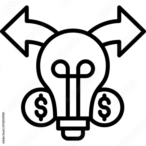 Pivot Business Strategy Outline Icon – Lightbulb with Dollar Arrows Symbol of Direction Change and Financial Decision
