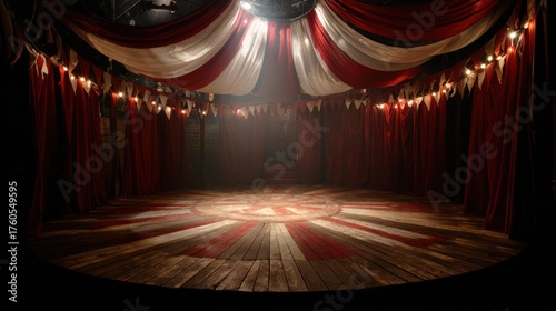 Vintage Circus Tent Interior: An Empty Arena with Big Top Striped Ceiling, Red and White Draped Curtains, and Dramatic Lighting on the Center Stage	