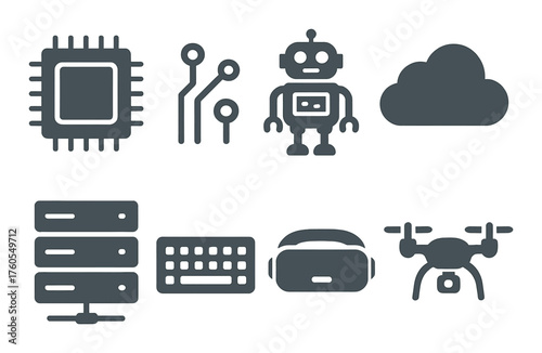 Technology icons: computer chip, circuit, robot, cloud, server, keyboard, vr headset, drone