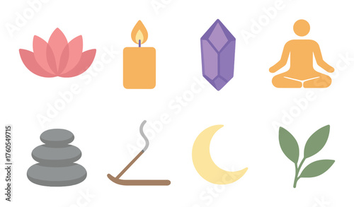 Glowing symbols of relaxation and meditation with lotus, candle, crystal, and more
