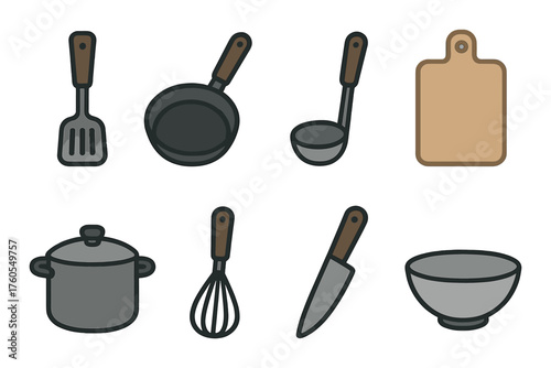 Kitchen utensils collection: spatula frying pan ladle cutting board pot whisk knife bowl