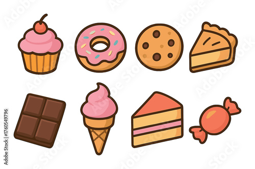 Colorful cartoon desserts with cupcakes, donuts, and ice cream on wooden background