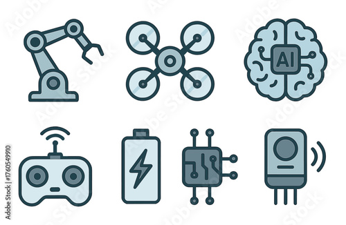 Icons of robotics ai and technology featuring drones and circuits