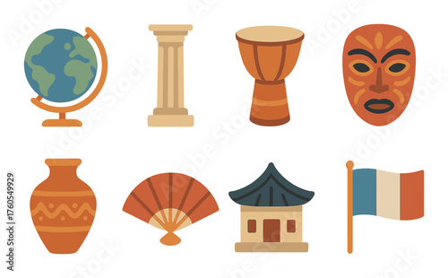Cultural symbols: globe, column, drum, mask, vase, fan, pagoda, french flag