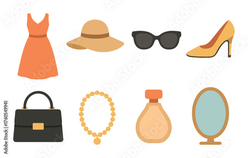 Fashion accessories collection featuring dress, hat, sunglasses, shoes, handbag, necklace, perfume, mirror