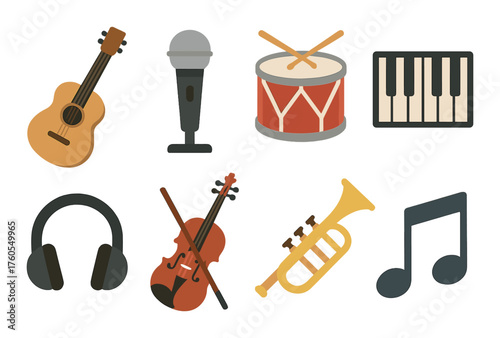 Colorful musical instruments icons: guitar drum microphone violin keyboard trumpet