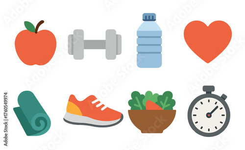 Healthy lifestyle icons: fitness equipment, nutrition, exercise, and wellness symbols