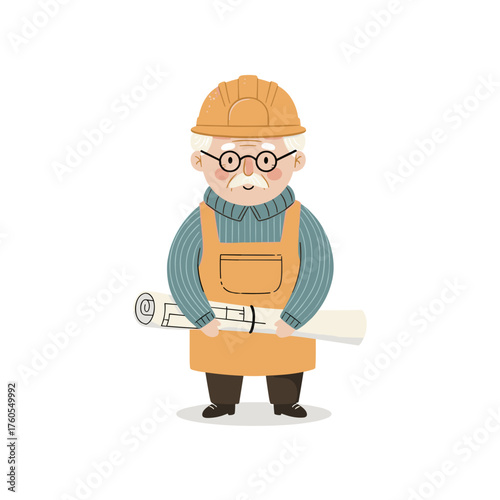 Elderly man wearing hard hat and holding blueprint in work attire  