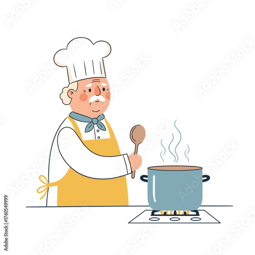 Elderly man cooking in kitchen while stirring pot with a spoon  