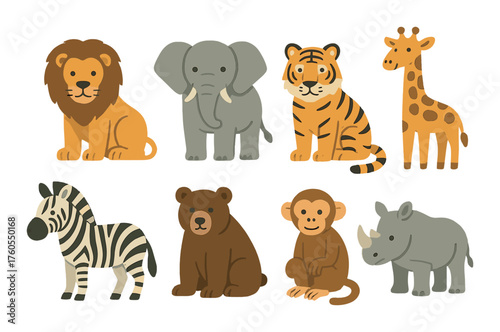 Cute cartoon safari animals: lion, elephant, tiger, giraffe, zebra, bear, monkey, rhino
