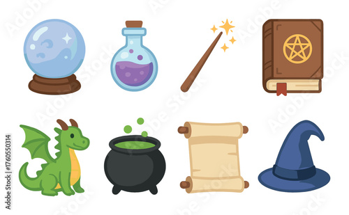 Magical items collection: crystal ball, potion, wand, spell book, dragon, cauldron, scroll, wizard hat