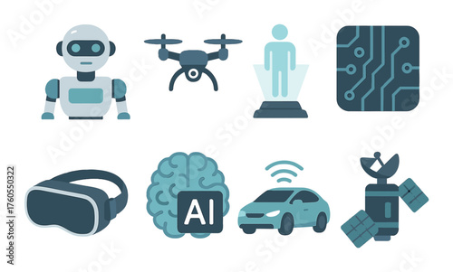 Futuristic technology icons featuring ai, robotics, virtual reality, and space exploration