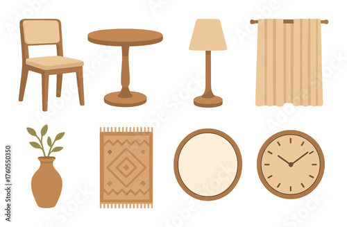 Warm toned interior decor with chair, table, lamp, curtains, and accessories