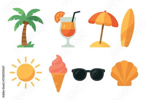 Colorful summer icons: palm tree, cocktail, beach umbrella, surfboard, sun, ice cream, sunglasses, seashell