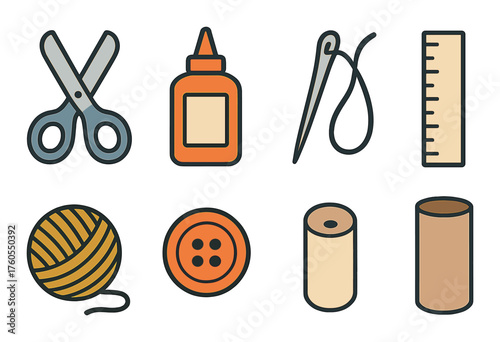 Craft tools collection: scissors, glue, needle, ruler, yarn, button, spool, tube icons