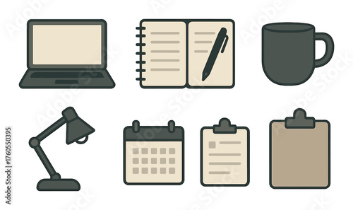 Home office setup icons: laptop, notebook, mug, lamp, calendar, clipboard