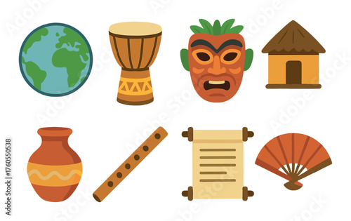 Cultural icons: globe, drum, mask, hut, vase, flute, scroll, fan