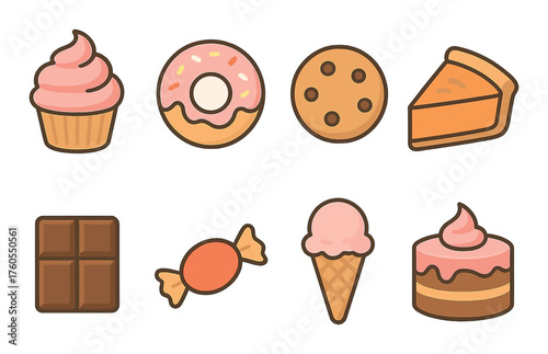 Dessert icons: cupcake, donut, cookie, pie, chocolate, candy, ice cream, cake