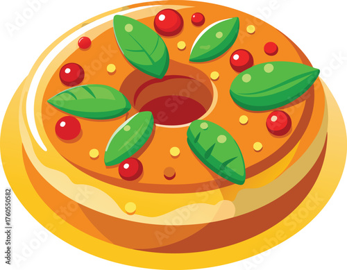 Decorated Donut Illustration – Stylized Pastry with Leaf and Berry Toppings on Dark Background”
