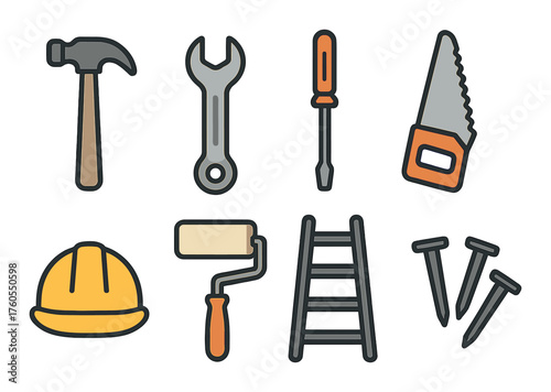 Collection of hand tools and safety equipment for construction and repair work