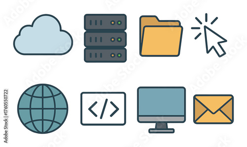 Cloud computing and internet icon set highlighting cloud, servers, file management, and network symbols