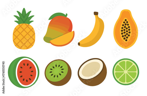 Colorful assortment of tropical fruits featuring pineapple mango banana papaya