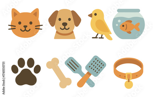 Cartoon pet icons: cat, dog, bird, fish, accessories with glowing background