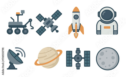 Space exploration icons: rocket, rover, satellite, astronaut, planet, moon