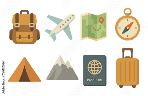 Travel icons: backpack, plane, map, compass, tent, mountains, passport, luggage