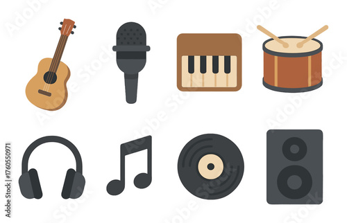 Music icons featuring guitar, microphone, piano, drums, headphones, music note, vinyl, speaker