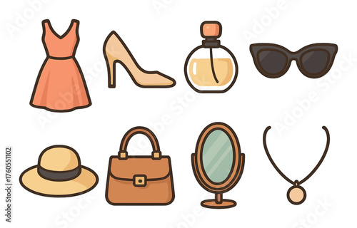 Fashion accessories collection with dress, heels, perfume, sunglasses, bag, mirror, hat, necklace