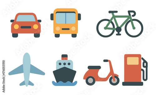 Colorful icons of transportation vehicles including car, bus, bicycle, airplane, ship, scooter, gas pump
