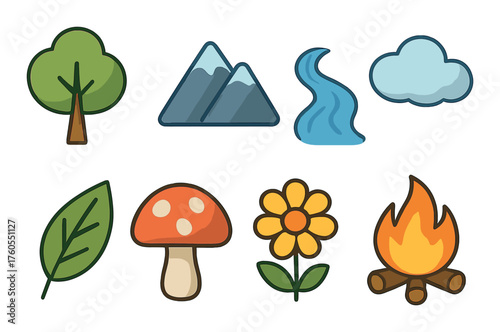 Nature elements icons: tree, mountains, water, cloud, leaf, mushroom, flower, fire