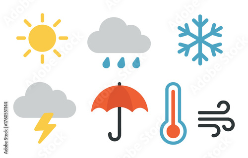 Weather icons: sun, cloud, rain, snowflake, lightning, umbrella, thermometer, wind