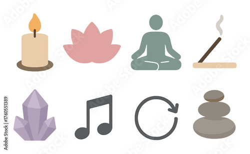 Meditation and wellness symbols: candle, lotus, yoga, incense, crystal, music, refresh, stones